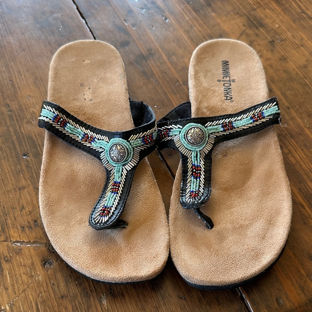 Minnetonka Women's Beaded Sandals - Black and Tan with Turquoise Accents